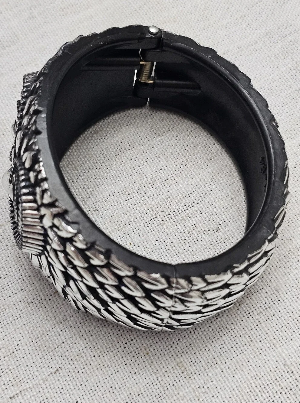 Owl Bangle Bracelet 7.75 inch Wrist Hinged Black Acrylic With Silvertone Accents
